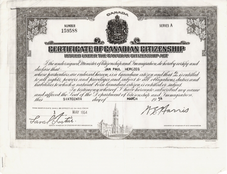 Black-and-white photocopy of a document with elaborate bordering that includes maple leaves and an illustration of the Canadian Parliament on the bottom. The certificate has italicized writing and two signatures.