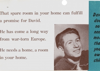 Copy of a page from a brochure with six lines of typed text, and a black-and-white photograph of a smiling young man in the bottom-right corner. A vertical blue bar on the far right displays more text.