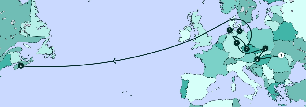 A blue-coloured map diagram depicting most of North America, Europe, and part of Africa. A line traverses various points along the map.