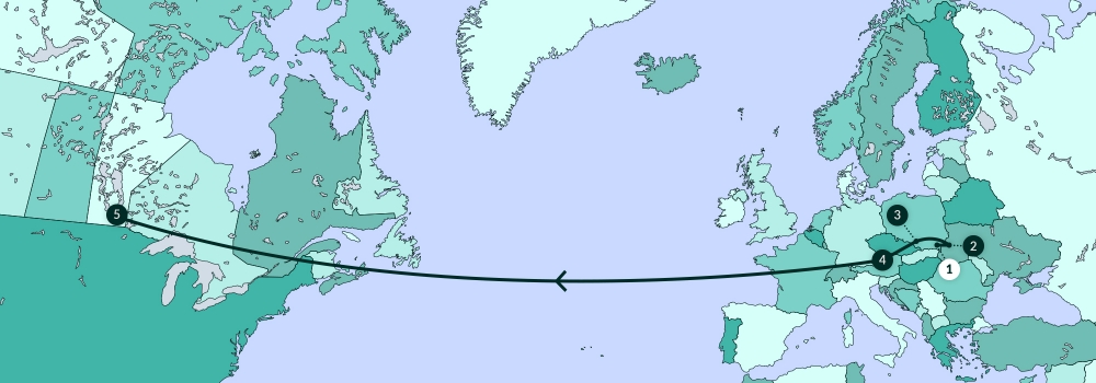 A grey-coloured map diagram depicting most of North America, Europe, and part of Africa. A line traverses various points along the map.