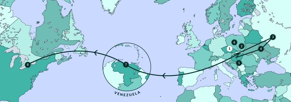 A blue-coloured map diagram depicting most of North America, Europe, and part of Africa. A line traverses various points along the map.