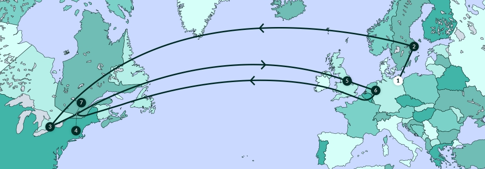 A grey-coloured map diagram depicting most of North America, Europe, and part of Africa. A line traverses various points along the map.