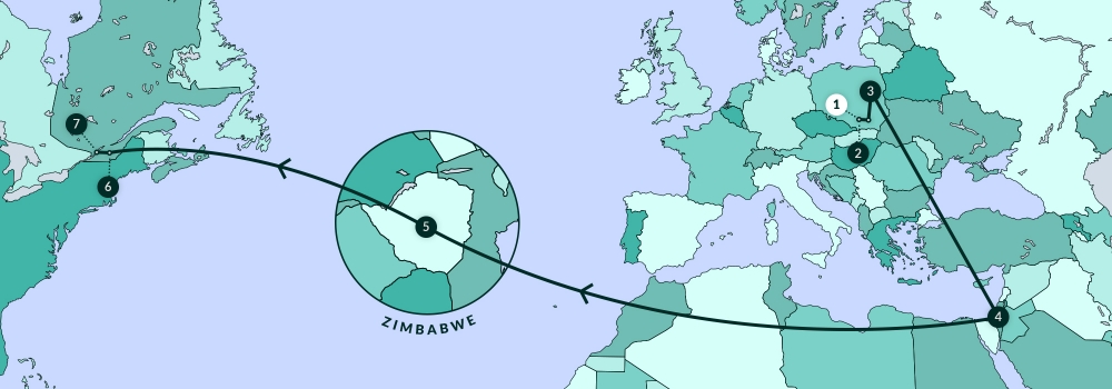 A blue-coloured map diagram depicting most of North America, Europe, and part of Africa. A line traverses various points along the map.