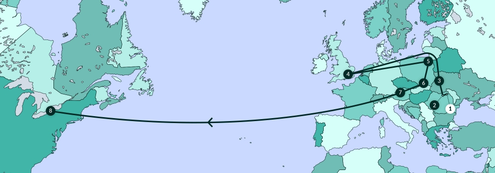 A coloured map diagram depicting most of North America, Europe, and part of Africa. A line traverses various points along the map.