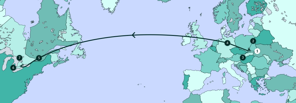 A blue-coloured map diagram depicting most of North America, Europe, and part of Africa. A line traverses various points along the map.