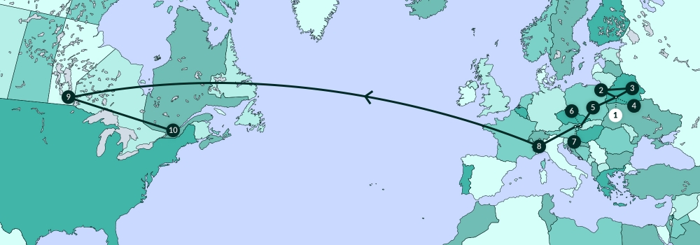 A grey-coloured map diagram depicting most of North America, Europe, and part of Africa. A line traverses various points along the map.