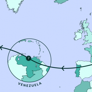 Une carte illustrant la plupart de l'Amérique du Nord, de l’Europe, et une partie de l’Afrique. Une ligne traverse divers endroits de la carte.