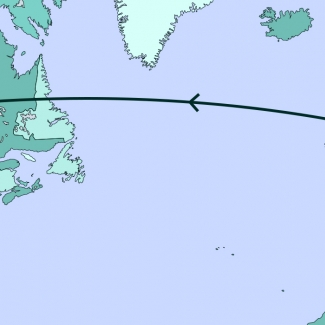 A grey-coloured map diagram depicting most of North America, Europe, and part of Africa. A line traverses various points along the map.