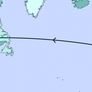 A blue-coloured map diagram depicting most of North America, Europe, and part of Africa. A line traverses various points along the map.